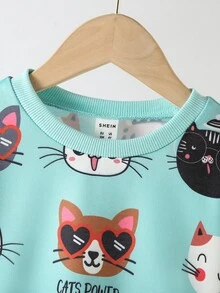 小女童卡通貓和字母圖案運動衫 - 薄荷綠 - 查看 6