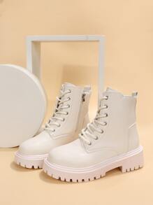 Zipper Side Lace-up Front Combat Boots - Beige - View 4