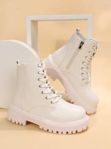 Zipper Side Lace-up Front Combat Boots - Beige - View 6
