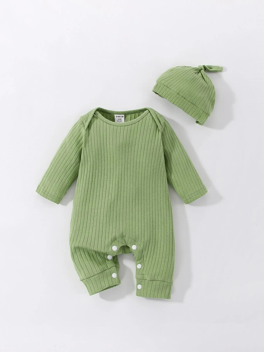 Newborn Baby Ribbed Knit Jumpsuit - Green - View 1