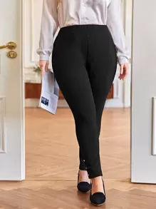 SHEIN Frenchy Plus Buttoned Hem Skinny Trousers - Black - View 1