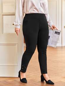 SHEIN Frenchy Plus Buttoned Hem Skinny Trousers - Black - View 6