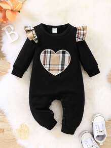 寶寶女孩格紋心形刺繡荷葉邊連體褲 - 黑色 - 查看 1