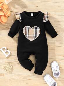 寶寶女孩格紋心形刺繡荷葉邊連體褲 - 黑色 - 查看 3