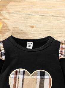 寶寶女孩格紋心形刺繡荷葉邊連體褲 - 黑色 - 查看 5