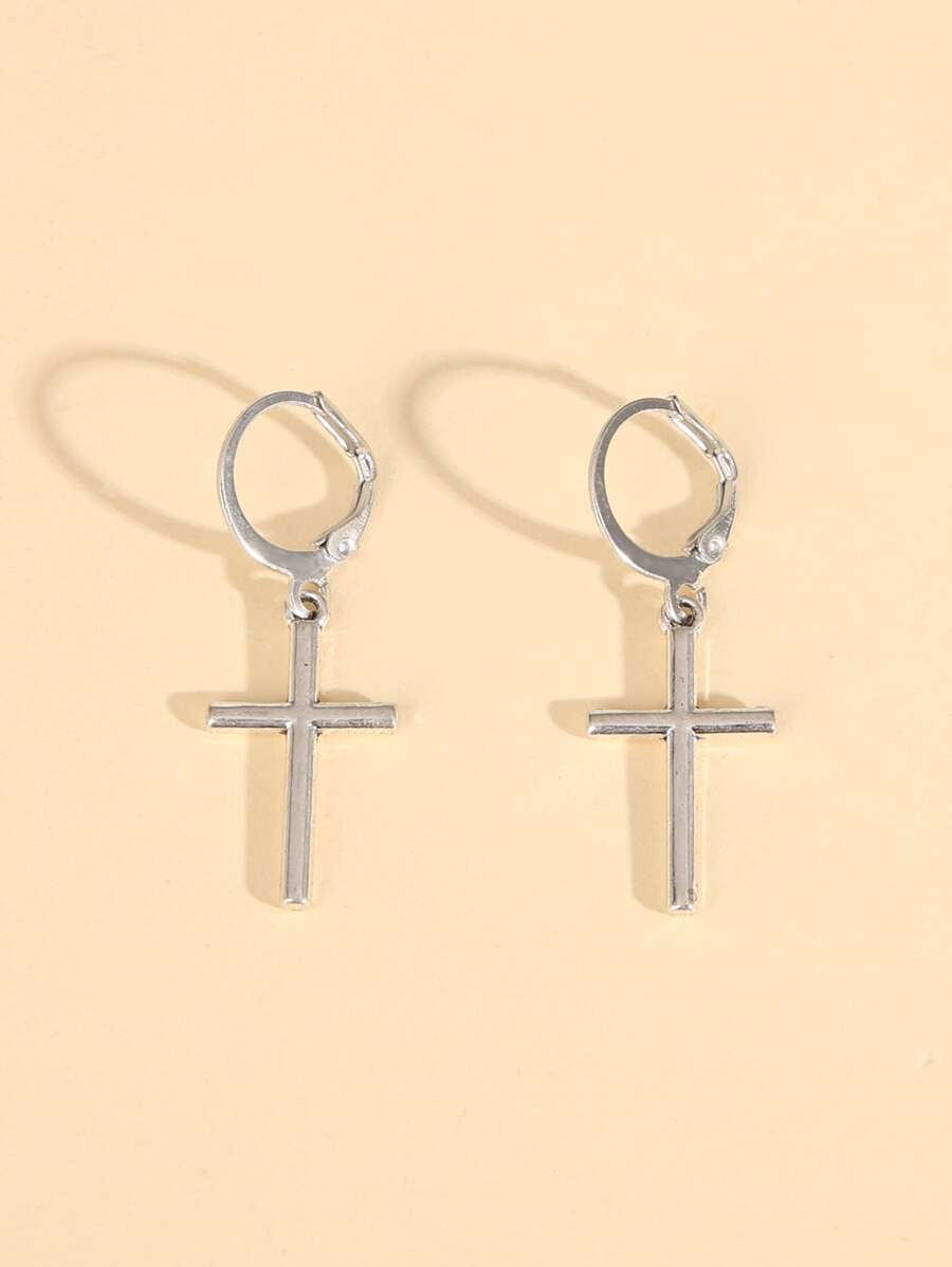 Cross Drop Earrings - Silver - View 1