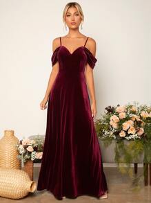 SHEIN Belle 挖肩超長絲絨伴娘連衣裙 - 紫紅色 - 查看 2