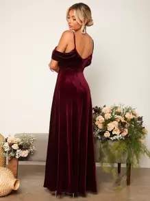 SHEIN Belle 挖肩超長絲絨伴娘連衣裙 - 紫紅色 - 查看 1