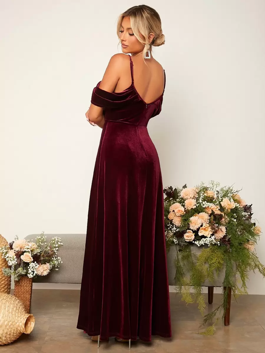 SHEIN Belle 挖肩超長絲絨伴娘連衣裙 - 紫紅色 - 查看 1