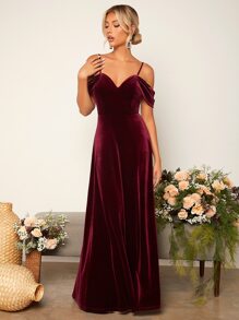 SHEIN Belle 挖肩超長絲絨伴娘連衣裙 - 紫紅色 - 查看 7