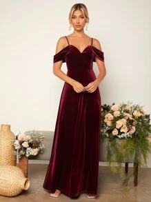 SHEIN Belle 挖肩超長絲絨伴娘連衣裙 - 紫紅色 - 查看 4