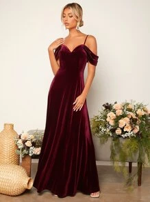 SHEIN Belle 挖肩超長絲絨伴娘連衣裙 - 紫紅色 - 查看 3