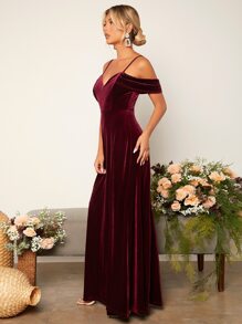 SHEIN Belle 挖肩超長絲絨伴娘連衣裙 - 紫紅色 - 查看 8