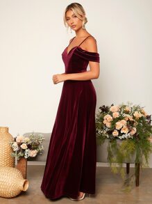 SHEIN Belle 挖肩超長絲絨伴娘連衣裙 - 紫紅色 - 查看 5