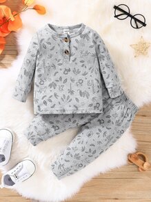 Đứa bé trai In động vật hoạt hình Nút Quarter Áo thun & quần thể thao - Xám - Xem 1