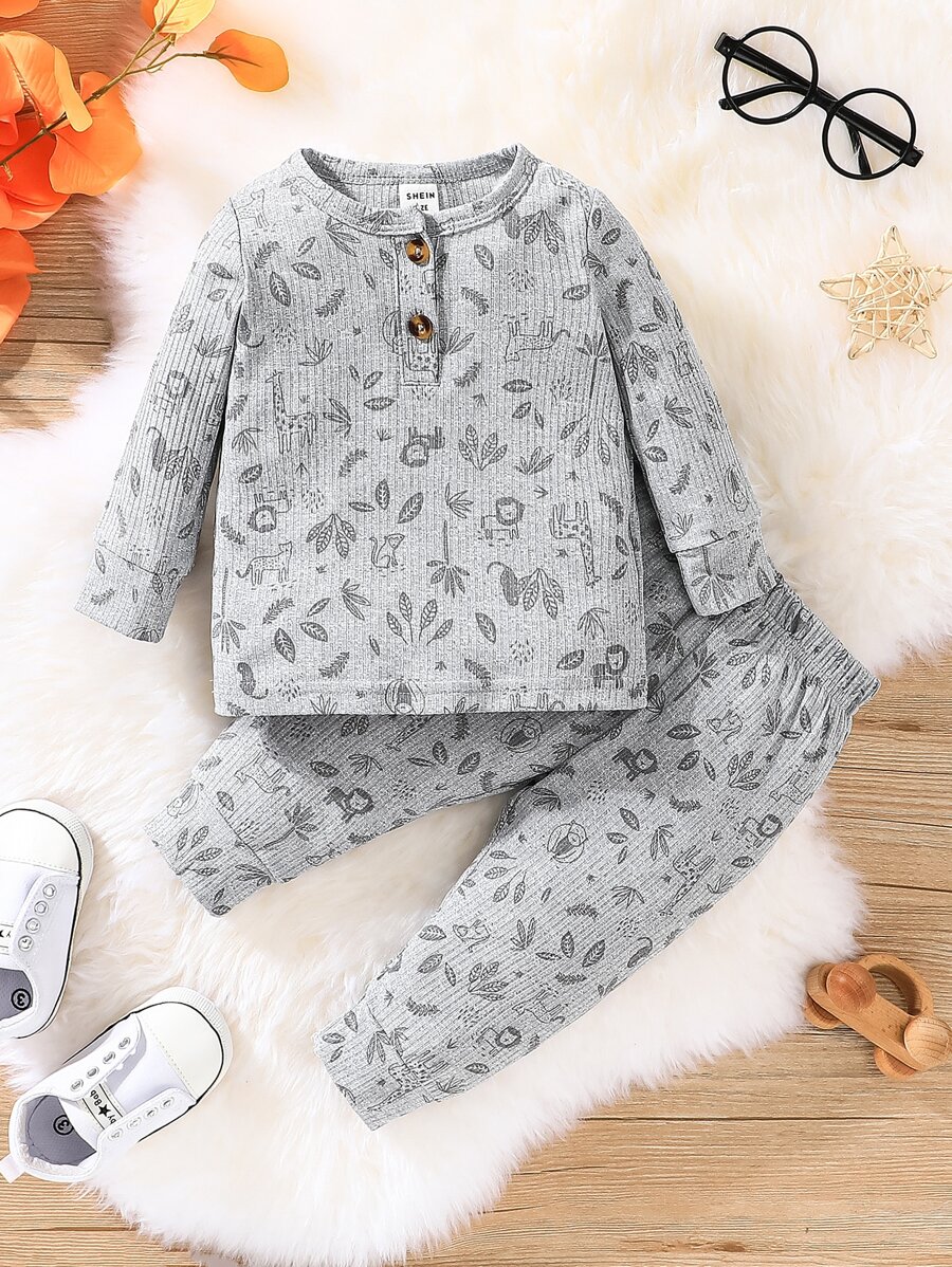 Đứa bé trai In động vật hoạt hình Nút Quarter Áo thun & quần thể thao - Xám - Xem 1