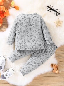 Đứa bé trai In động vật hoạt hình Nút Quarter Áo thun & quần thể thao - Xám - Xem 2