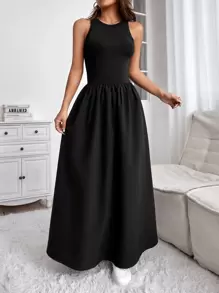 SHEIN Essnce Solid Sleeveless Flared Hem Dress - Black - View 1