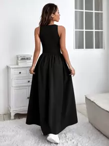 SHEIN Essnce Solid Sleeveless Flared Hem Dress - Black - View 2