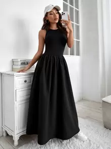 SHEIN Essnce Solid Sleeveless Flared Hem Dress - Black - View 3