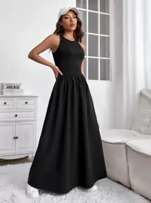 SHEIN Essnce Solid Sleeveless Flared Hem Dress - Black - View 4