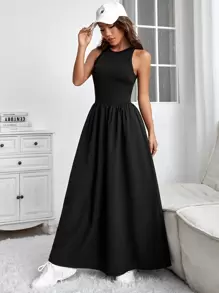 SHEIN Essnce Solid Sleeveless Flared Hem Dress - Black - View 5