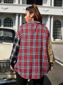 SHEIN EZwear Plus Plaid Print Colourblock Drop Shoulder Shirt - Multicolor - View 2