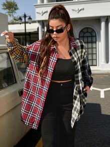 SHEIN EZwear Plus Plaid Print Colourblock Drop Shoulder Shirt - Multicolor - View 3
