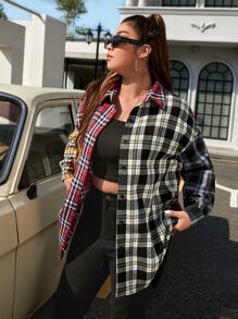 SHEIN EZwear Plus Plaid Print Colourblock Drop Shoulder Shirt - Multicolor - View 4