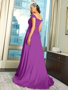 Missord Vestido de muslo con abertura de hombros descubiertos de satén - Morado Violeta - Ver 2