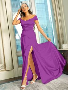 Missord Vestido de muslo con abertura de hombros descubiertos de satén - Morado Violeta - Ver 3