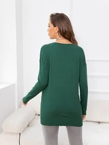 DEARCASE V-neck Drop Shoulder Split Hem Sweater - Dark Green - View 2