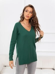 DEARCASE V-neck Drop Shoulder Split Hem Sweater - Dark Green - View 4