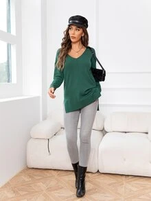 DEARCASE V-neck Drop Shoulder Split Hem Sweater - Dark Green - View 3