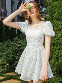 Allover Floral Print Puff Sleeve Frill Trim Dress - Multicolor - View 5
