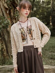 ROMWE Fairycore Cárdigan de punto de malla - Beis - Ver 1