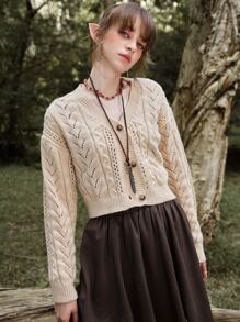 ROMWE Fairycore Cárdigan de punto de malla - Beis - Ver 3