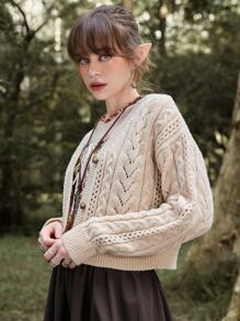 ROMWE Fairycore Cárdigan de punto de malla - Beis - Ver 5