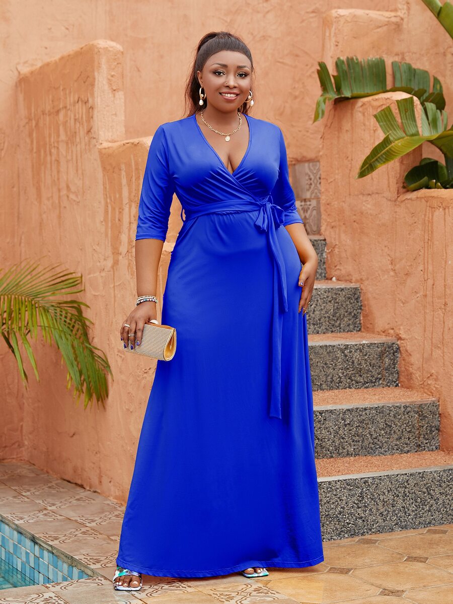 Astrid Plus Surplice Neck Belted Dress - Royal Blue - View 1