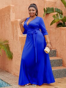 Astrid Plus Surplice Neck Belted Dress - Royal Blue - View 4