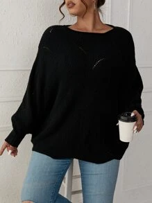SHEIN LUNE Plus Eyelet Detail Batwing Sleeve Jumper - Black - View 1