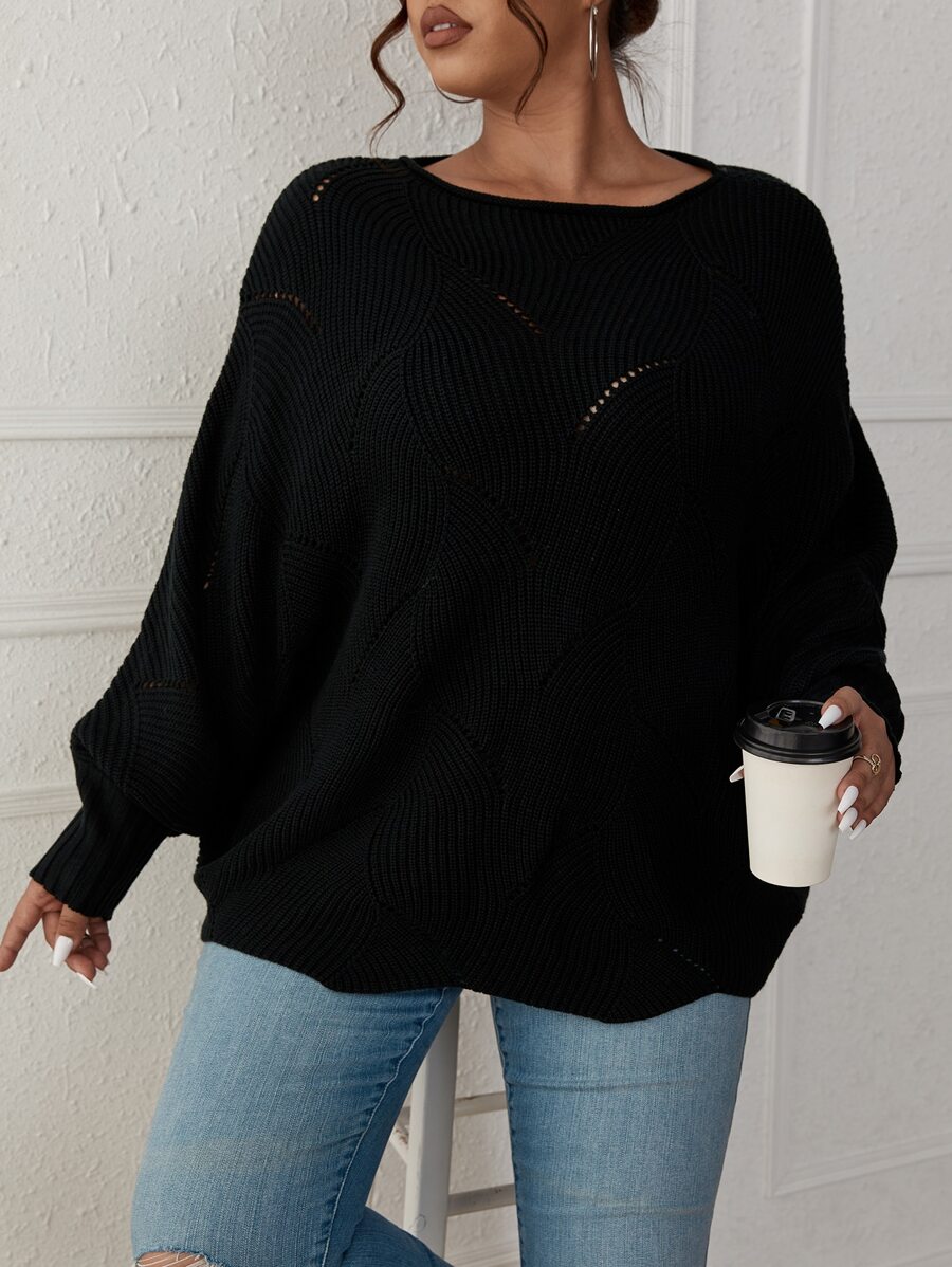 SHEIN LUNE Plus Eyelet Detail Batwing Sleeve Jumper - Black - View 1