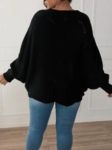 SHEIN LUNE Plus Eyelet Detail Batwing Sleeve Jumper - Black - View 2