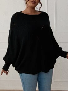 SHEIN LUNE Plus Eyelet Detail Batwing Sleeve Jumper - Black - View 5