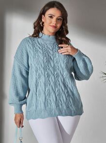 Calvaya Plus Cable Knit Mock Neck Drop Shoulder Jumper - Baby Blue - View 3