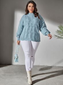 Calvaya Plus Cable Knit Mock Neck Drop Shoulder Jumper - Baby Blue - View 5