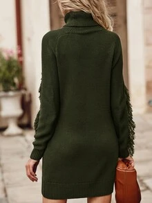 BTFBM Ladies áo len váy mép màu trơn Giải trí - xanh quân đội - Xem 2