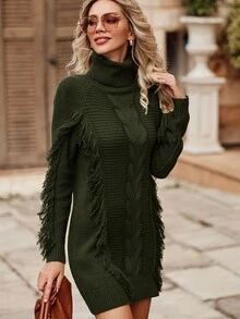 BTFBM Ladies áo len váy mép màu trơn Giải trí - xanh quân đội - Xem 3