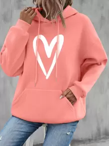 SHEIN LUNE 愛心圖案袋鼠口袋落肩袖抽繩連帽衫 - 珊瑚粉 - 查看 1