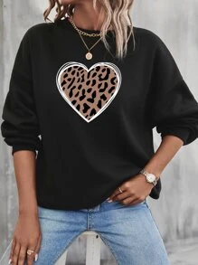 SHEIN LUNE Pullover con estampado de leopardo y corazón de hombros caídos